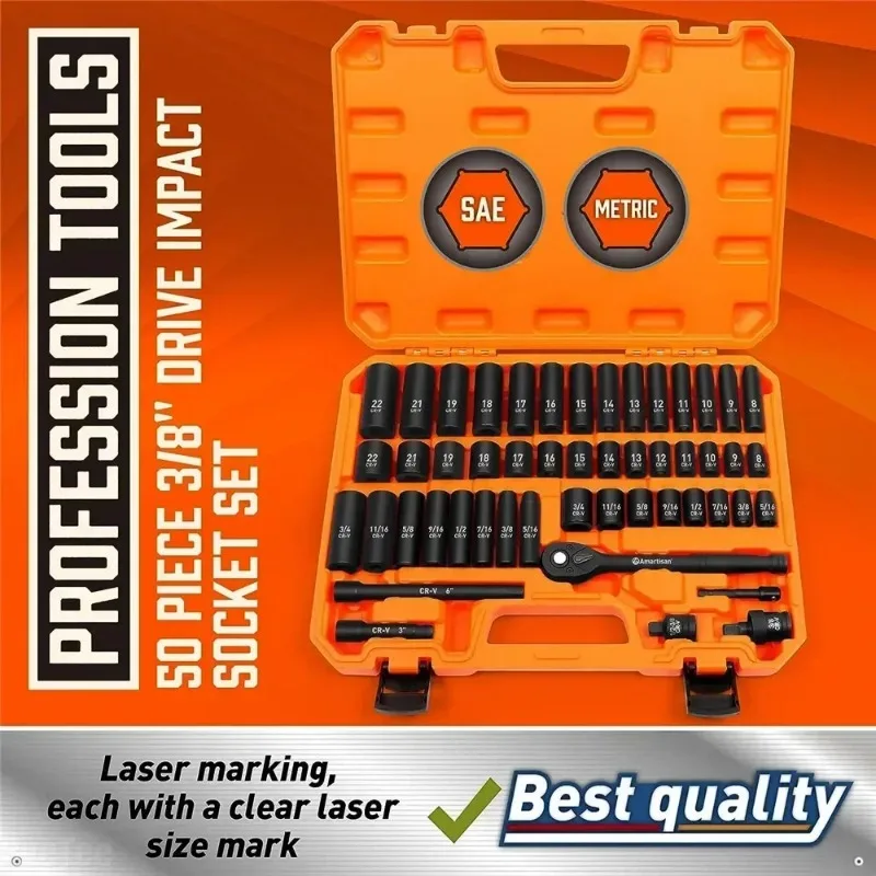 50Pcs Metric with Adapters Standard Ratchet Handle 8-22mm SAE 5/16-Inch To 3/4-Inch CR-V 3/8
