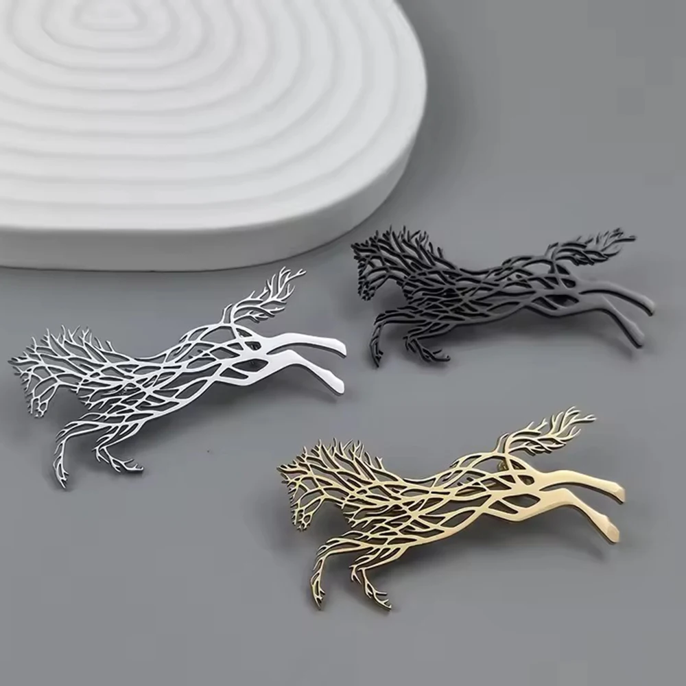 Catuni Stainless Steel Openwork Horse Brooch Metallic Texture Pin for Men's Suit Clips and Accessories