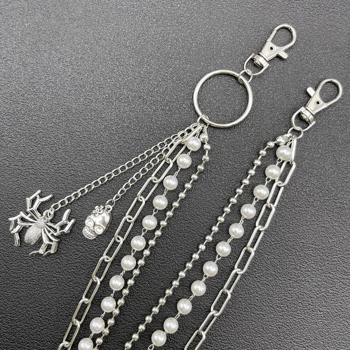 Metal White Pearl Punk Pants Chain Keychains for Men Women Jean Trouser Biker Chains Spider Pendants Jewelry Gothic Accessories