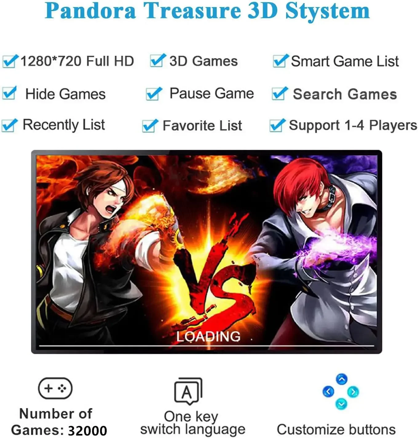 32000 in 1 Pandora Box 60S Arcade Game Console,1280X720 Display,Search/Save/Hide/Pause Games,Two Separate joysticks,1-4