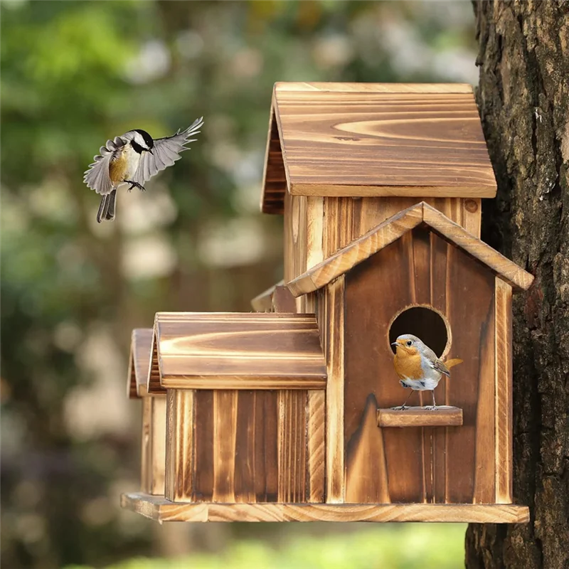 Hanging Wooden Bird House for Outside 6 Hole Wooden Bird House Courtyard Backyard Decorations