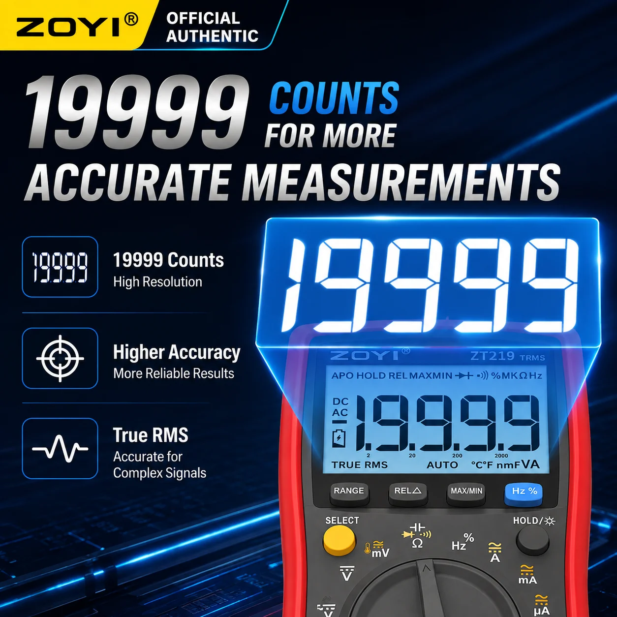 ZOYI ZT-219 High Precision True RMS Digital Multimeter 4.5 Digit Smart Anti-Burn for Electrical Maintenance Repair
