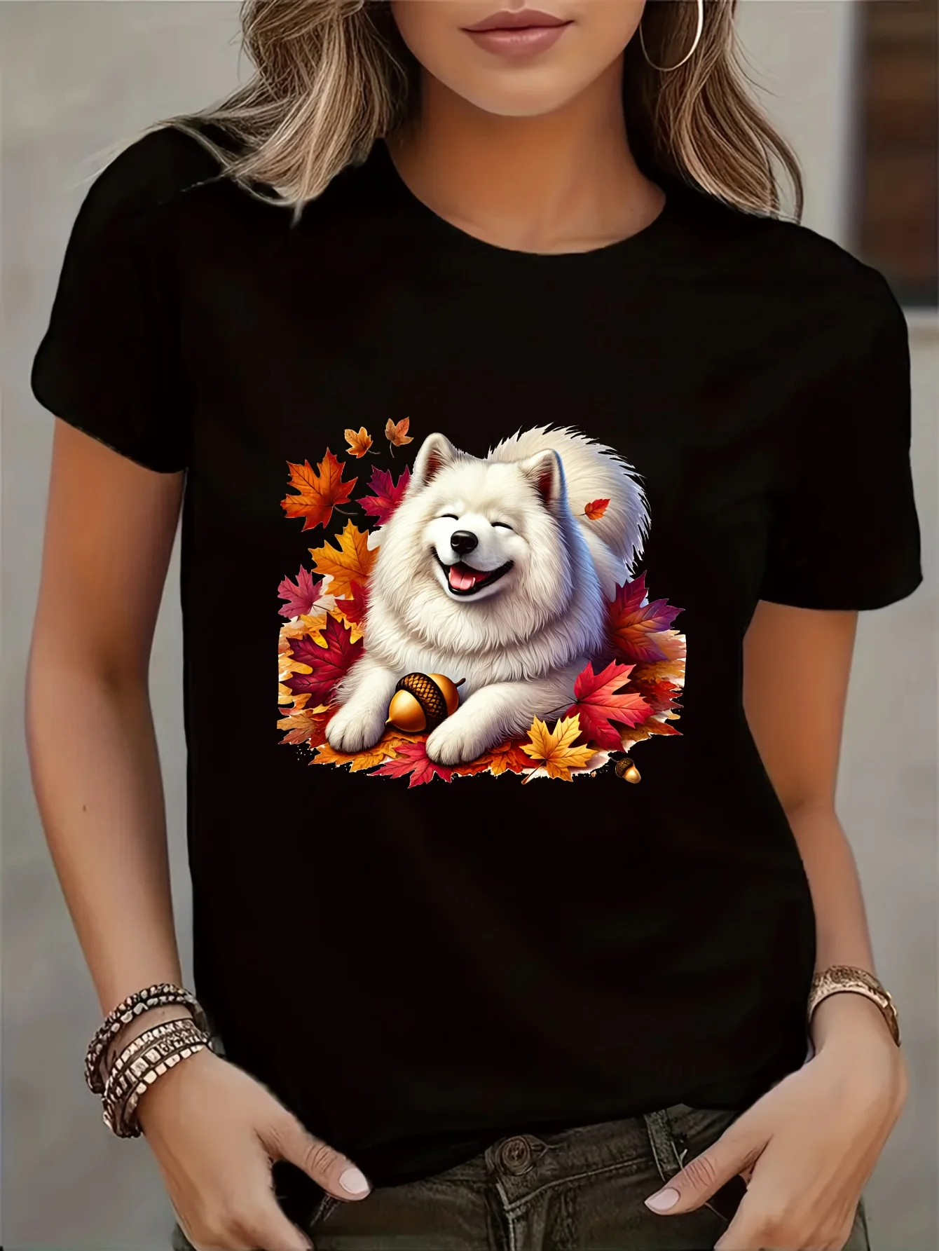 Women'S Casual Short Sleeve T-Shirt Samoyed Print Lightweight Polyester Blend  Wear Crew Neck Stretchy Playful Design
