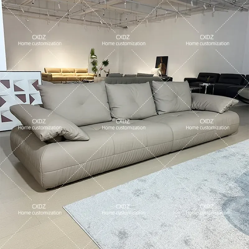 Modern Simple Genuine Leather Sofa Straight Row First Layer Cowhide Soft Comfortable Lazy Couch for Living Room Apartment