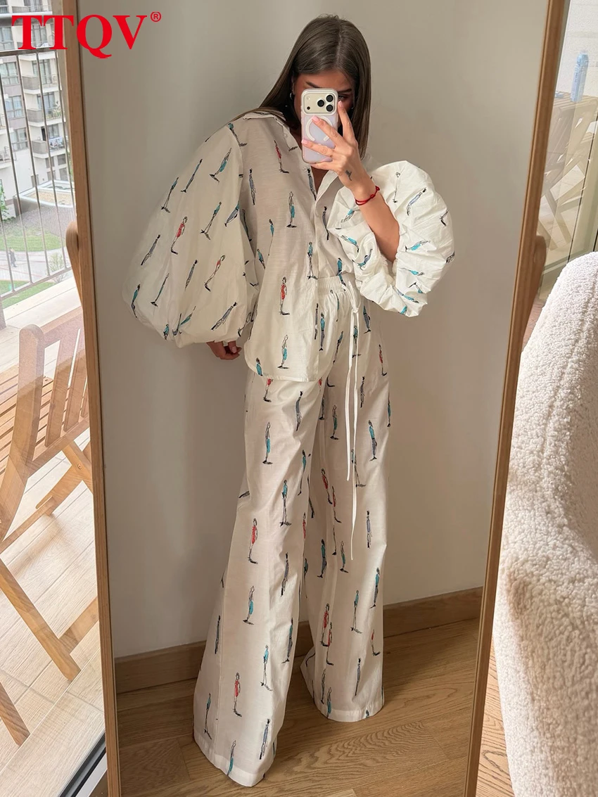 TTQV Fashion Loose Print Women's 2-Piece Sets 2026 Elegant Long Sleeve Shirt With High Waist Wide Pants Set Female Clothing
