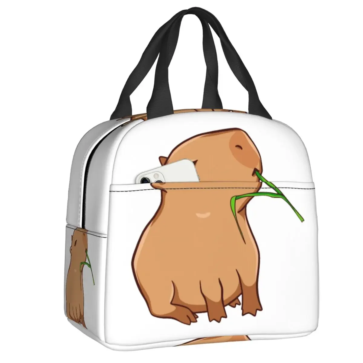 Custom Capybara With A Leaf Eat Your Greens Portable Lunch Boxes for Women Waterproof Thermal Cooler Food Insulated Lunch Bag