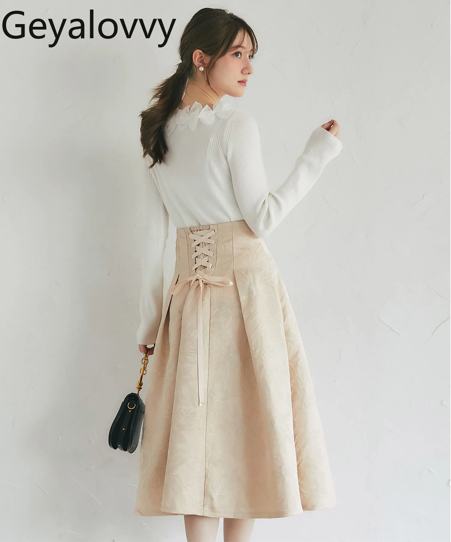 Falda plisada de Jacquard con lentejuelas y cordones de estilo japonés para mujer, faldas informales elegantes de longitud media para primavera y otoño