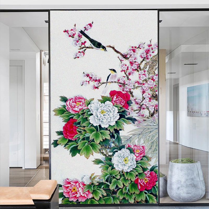 Birds Flower Decorative Window Privacy Film Frosted Glass Window Film Heat Insulation and Sunscreen  Adhesive sticker for Home