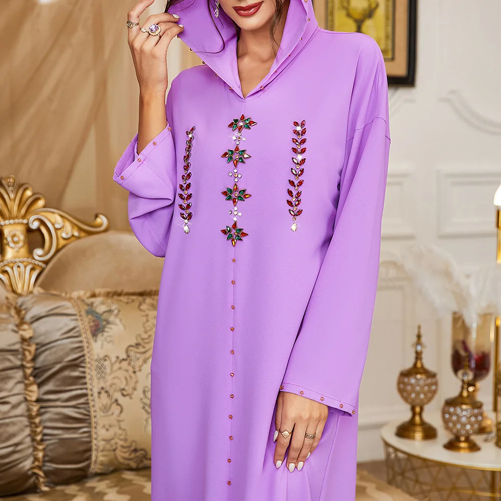 Eid Mubarak Djellaba Hooded Maxi Dress for Women Diamonds Abaya Dubai Turkey Kaftan Islamic Clothing Arabic Robe Jalabiya Gown