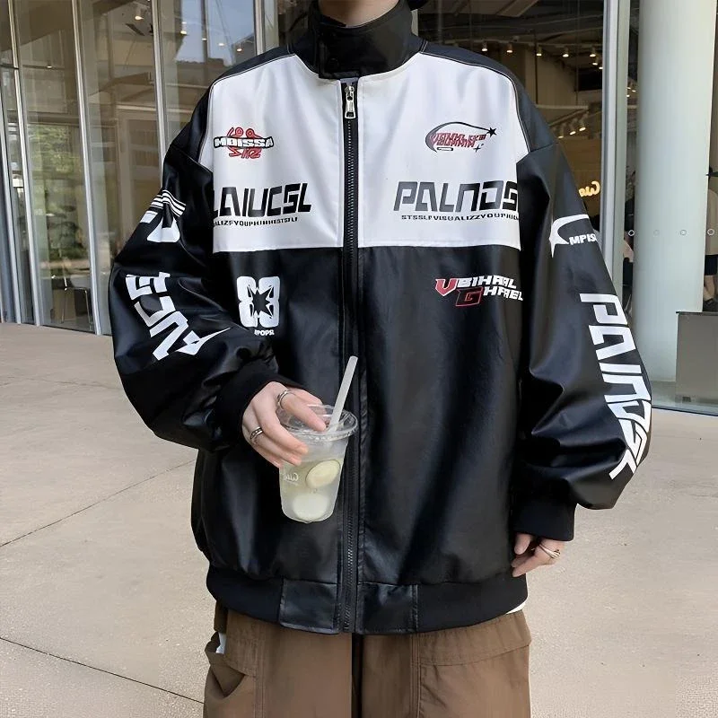 

Men's Oversized PU Leather Jacket with Color Blocked Print American Retro Motorcycle Style Autumn Outerwear​