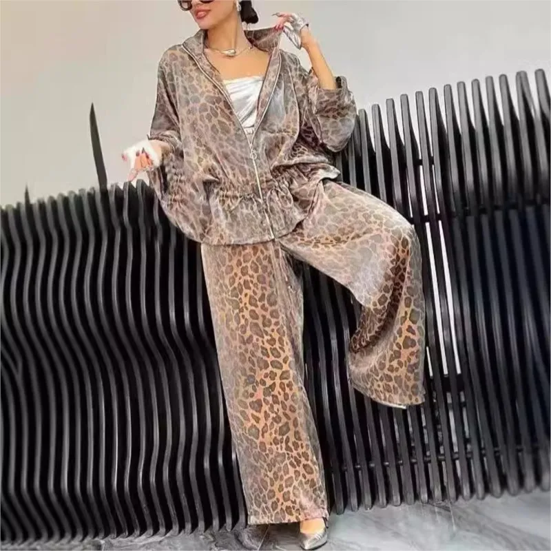 Spring Autumn Fashion Leopard Print 2 Piece Sets Women Fall Lapel Zipper Drawstring Coat Wide-leg Pants Outfit  Long Sleeve Suit