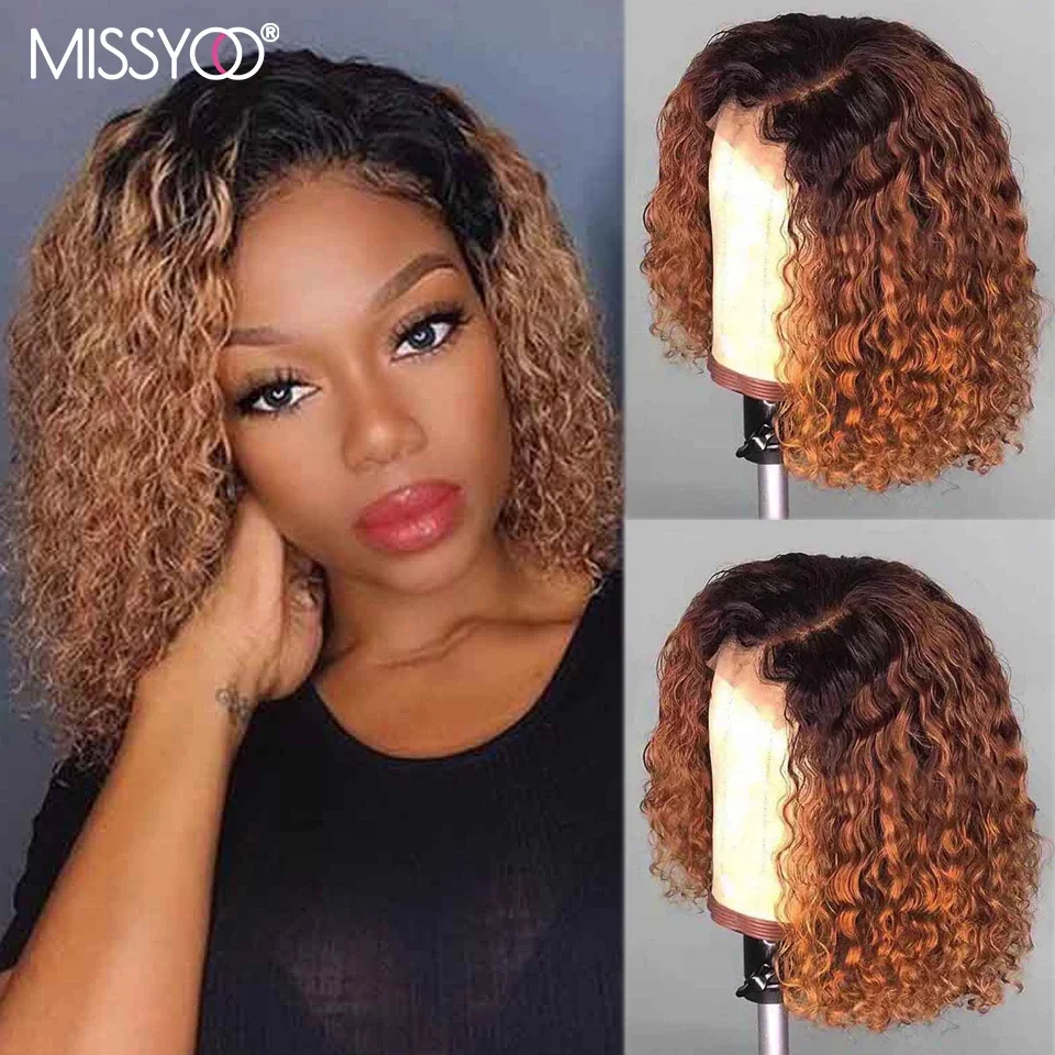 

Ombre Color Short Curly Human Hair Wigs 4x4 Closure Wig Pre-plucked Brazilian Bob Curly Wig 13x4 Lace Front Wig For Black Women