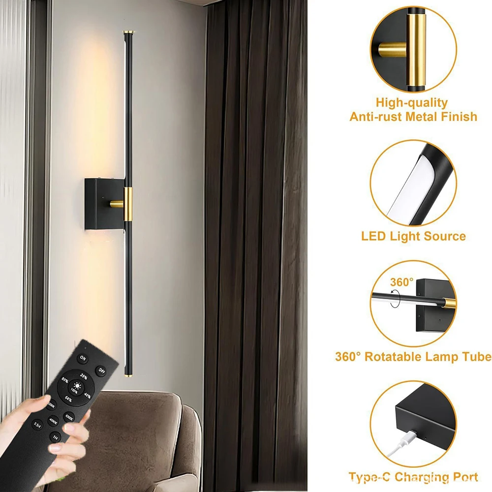 

Bedroom bedside table wall lamp with rotatable dimming strip and 10000mAh battery remote control 3 color changing wall lamps