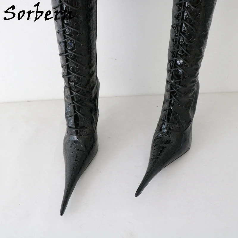 Sorbern Sexy 12Cm stivali con tacco sottile in metallo cavallo coscia alta con lacci punta a punta lunga Fetish tacchi a spillo stile invernale