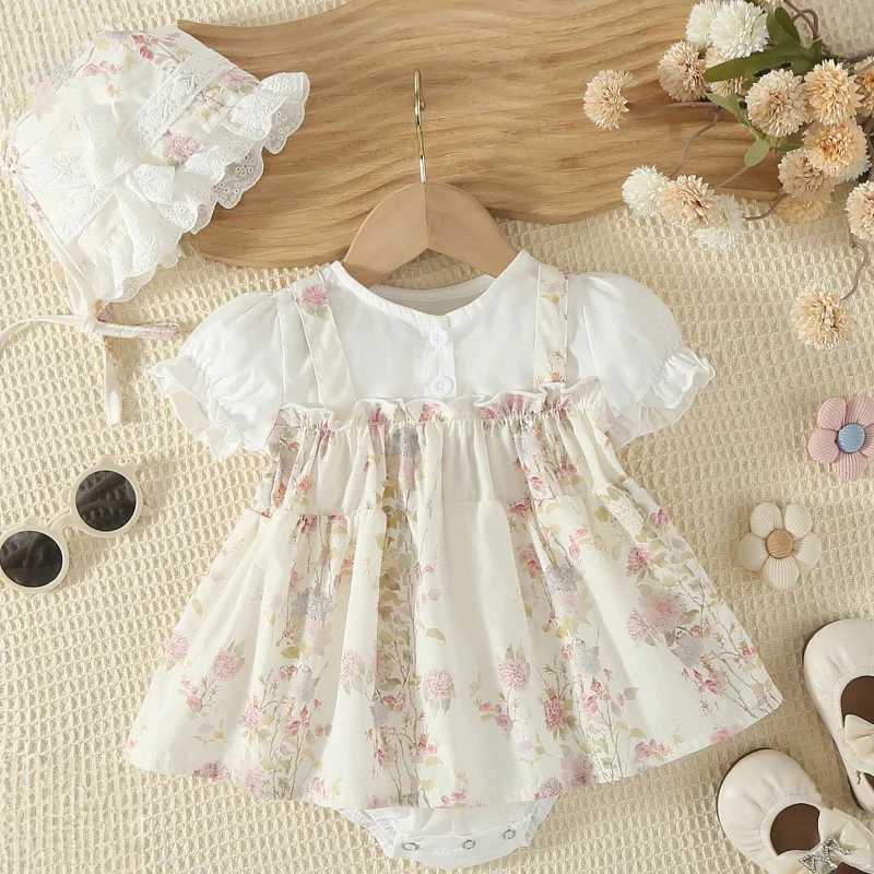 

Summer Newborn Baby 0-2Y Bodysuit Dress For Girl Floral Print Puff Sleeve Baby Onesies + Lace Bonnet Infant Clothes Outfits