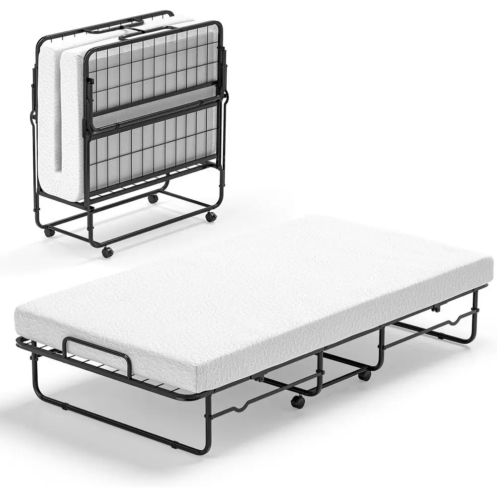 

Twin Size Rollaway Guest Bed with Heavy-Duty Metal Frame and Lockable Wheels, Ideal for Space-Saving Sleepover Solutions