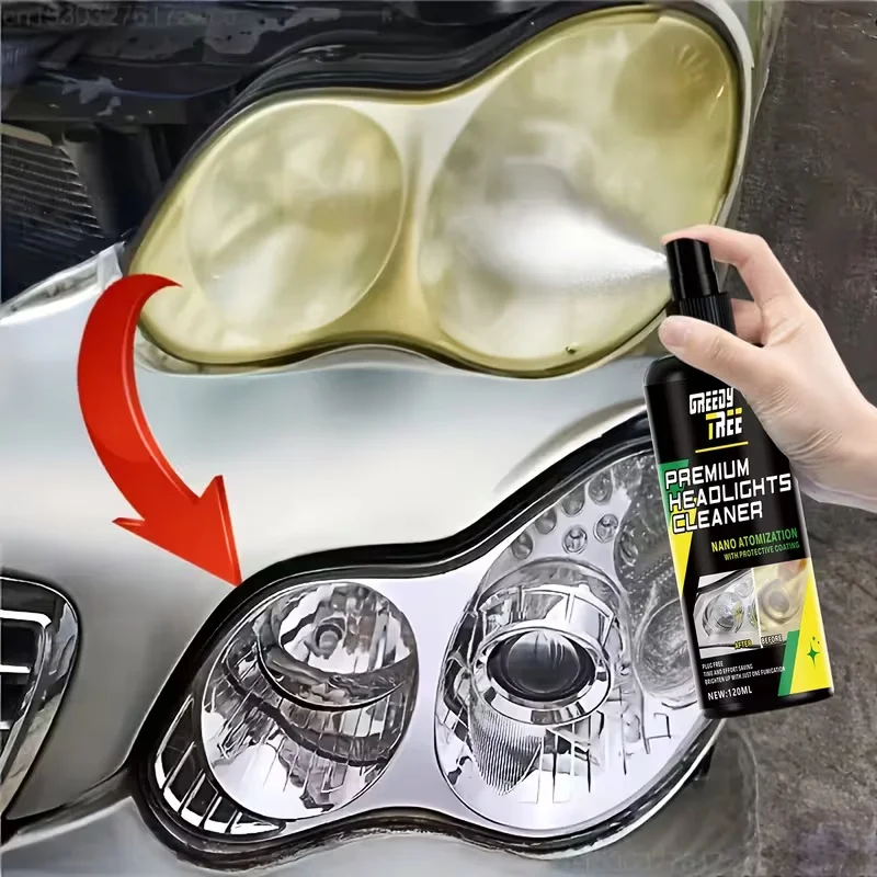 GREEDY TREE Headlight Restoration Spray - Remove Yellow Oxidation, Restore Clarity & Protect Lenses, 120ml