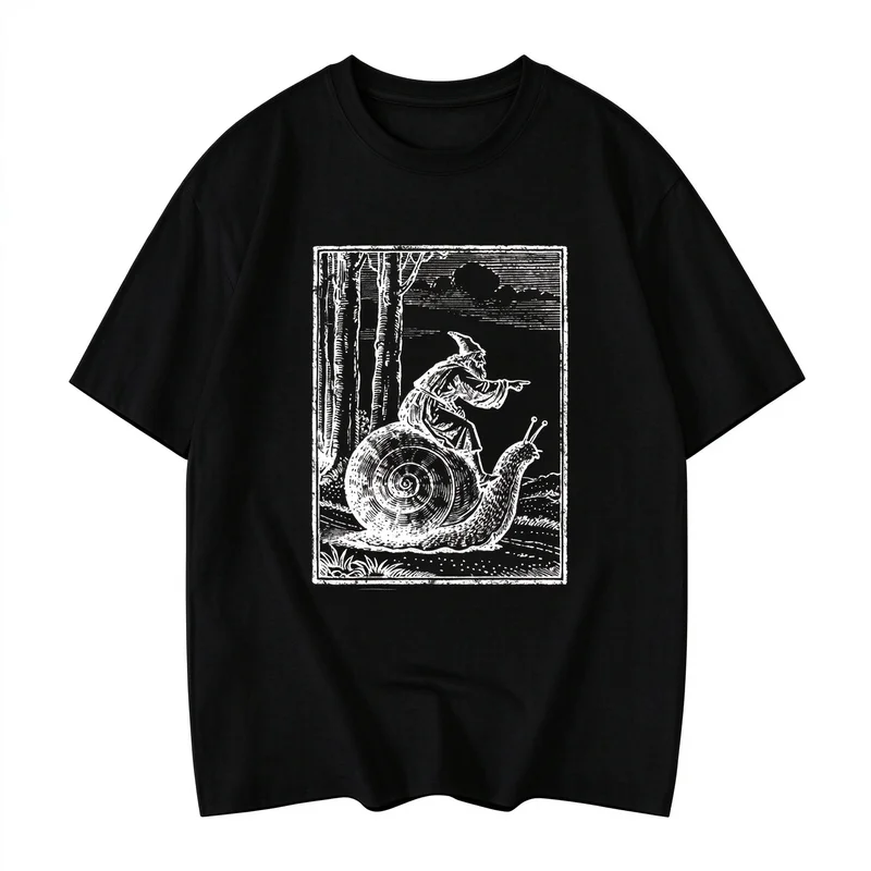 Medieval Wizard on Snail T Shirt Retro Engraving Forest Art Print Mysterious Witchcraft Casual Streetwear Y2k Top