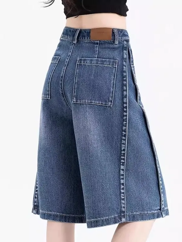 

High Waist Denim Shorts Women's Summer Thin Wide Leg Five-Point Pants Vintage Straight Cut Loose Fit Casual Blue Jeans