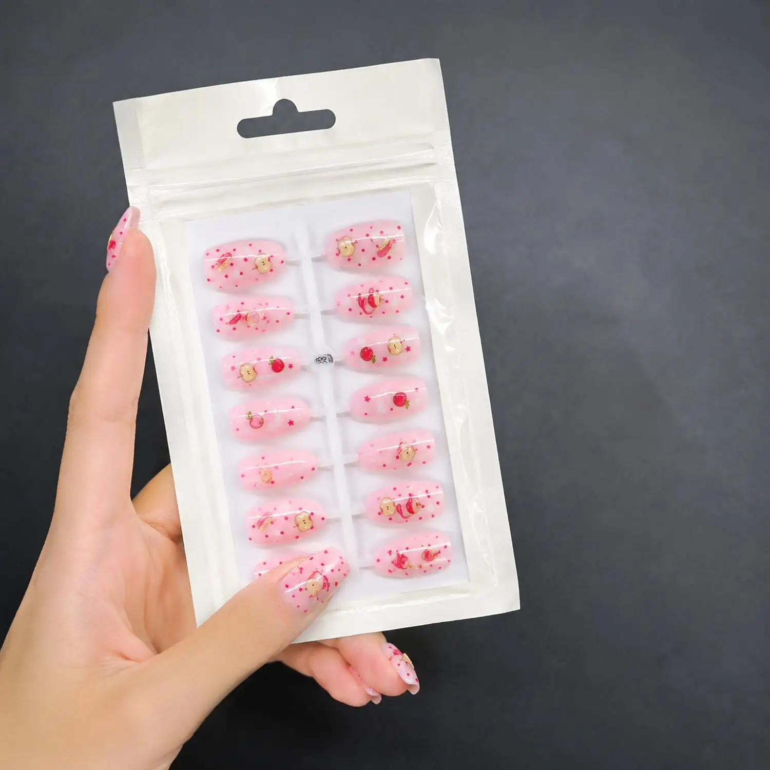 1Bag Transparent Nude Pink Apple Press On Nail Glossy Material Pattern Apple Fake Nail Stylish Appearance Party Apple False Nail