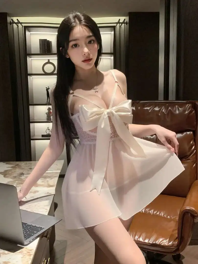 เซ็กซี่โบว์ลูกไม้ตาข่ายครึ่งโปร่งใสชุดสีทึบBacklessลึกVแขนกุดElegant Charming Pure DesireหวานRT2Z