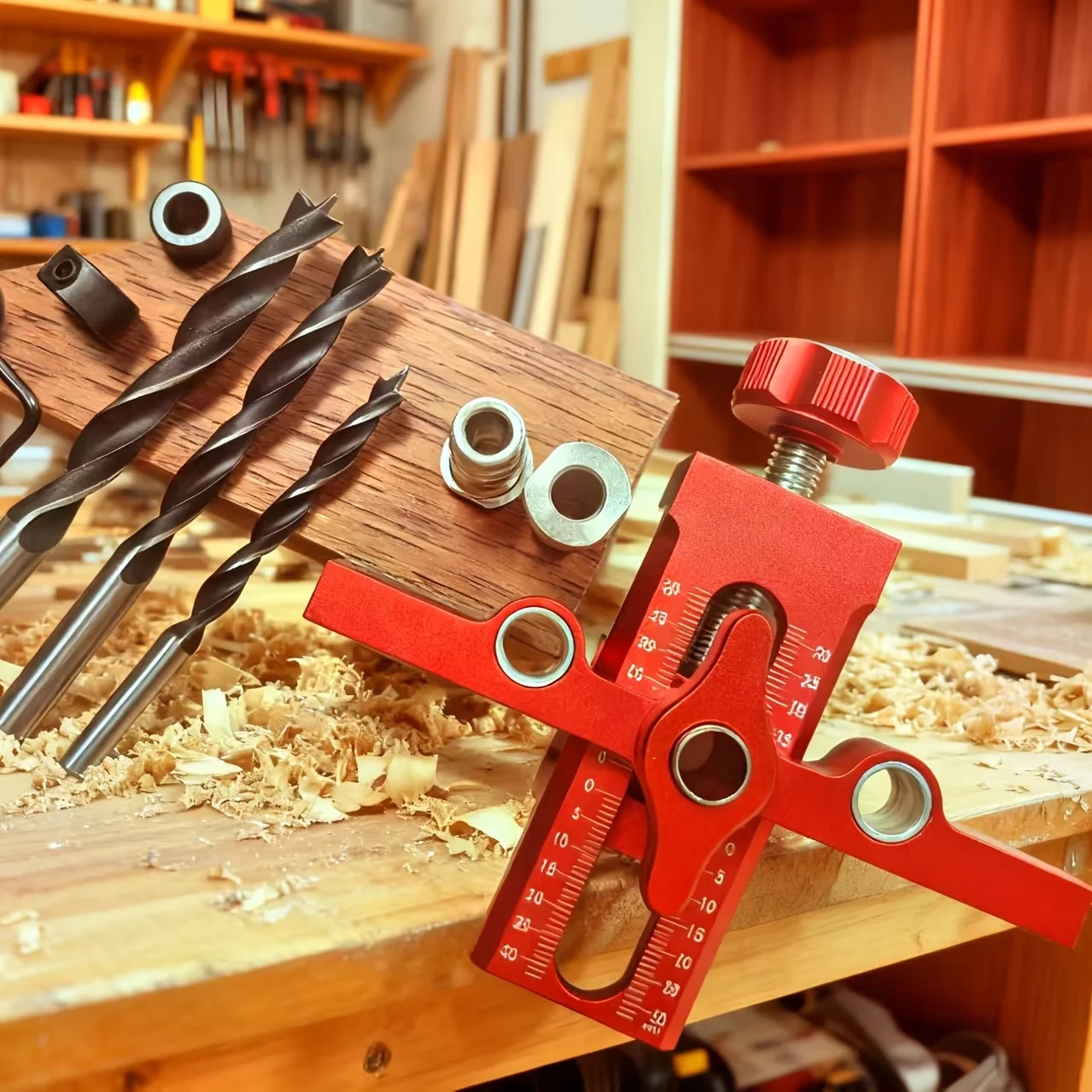 Woodworking Cabinet Door Installation Fixture, Drill Bit Set, Compatible with 6/8/10 Drill Bits, Dual-Hole Rebounder Punching