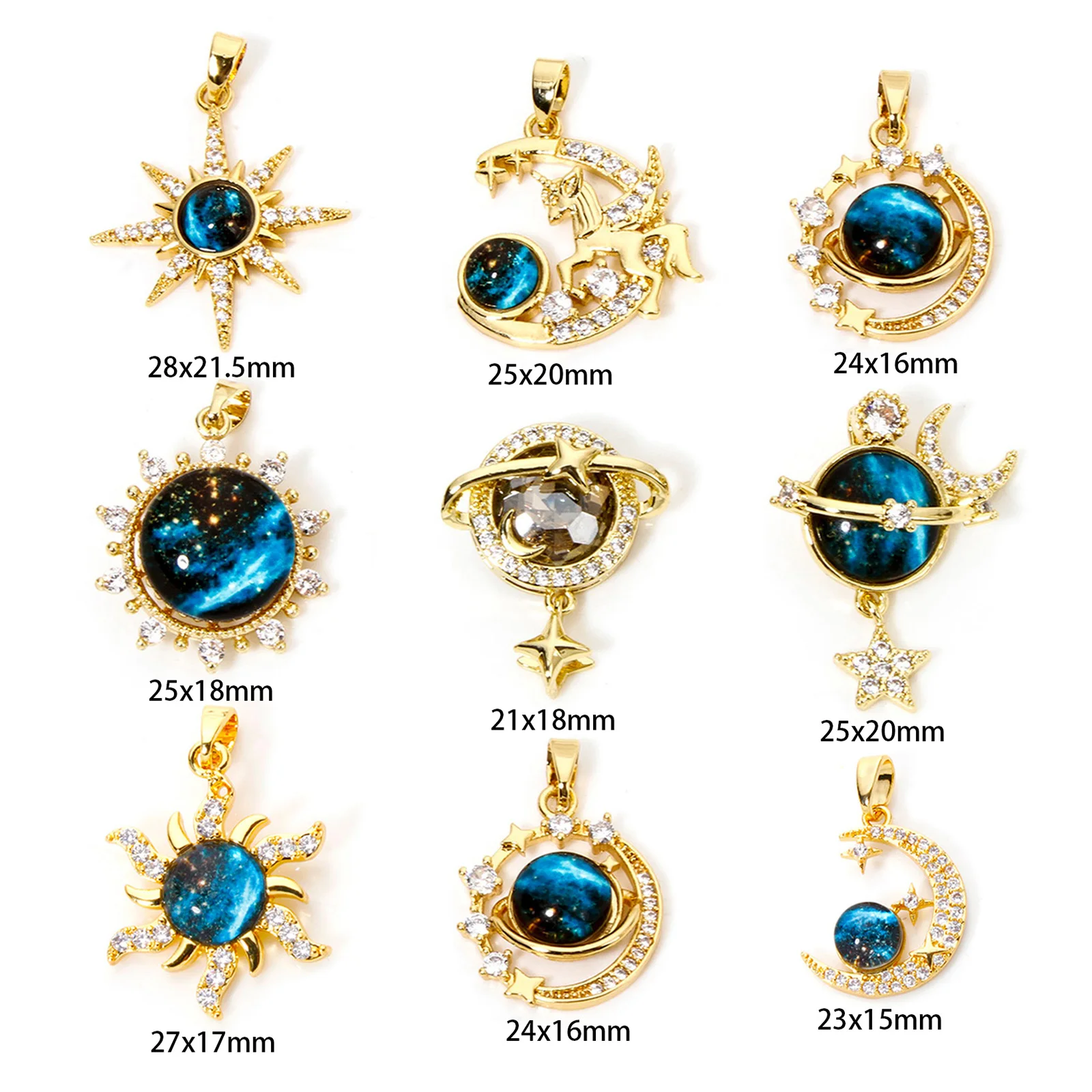 1 Piece Brass Galaxy Charms Gold Plated Blue Glass Cubic Zirconia Star Sun Moon Pendant For DIY Necklace Bracelet Jewelry Making