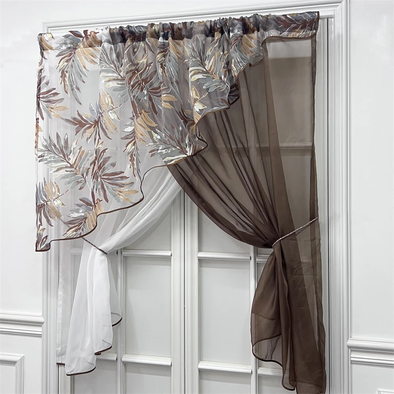 Grey Leaves Crossed Sheer Curtain Top Rod Pocket Suspension Kitchen Tulle Short Curtain Door Window Living Room Partition Drapes