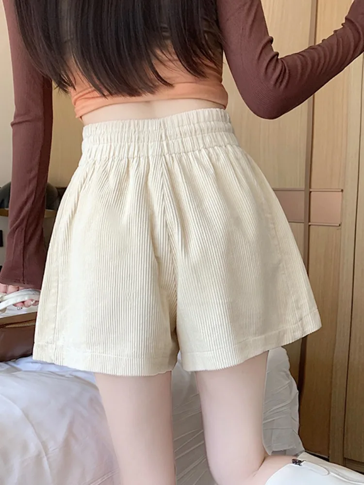 솔리드 컬러 엘라스틱 허리밴드 코듀로이 반바지 여성 가을 2025 신상 하이웨이스트 드로스트링 캐주얼 다용도 와이드 레그 반바지