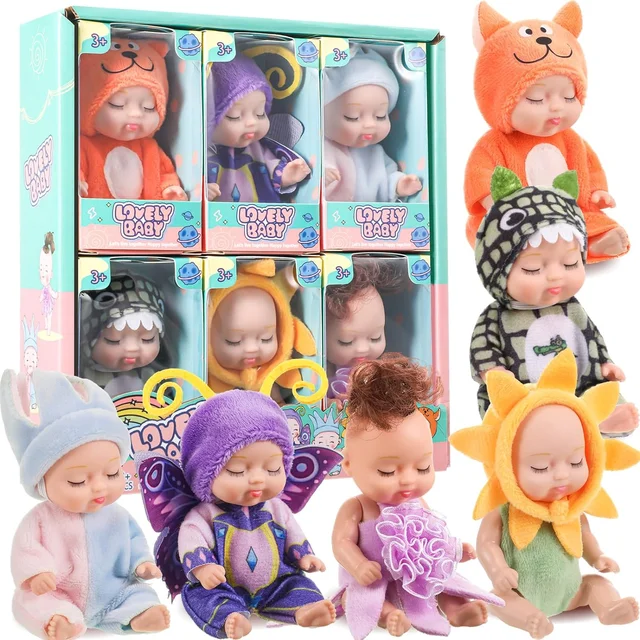 6/8 sztuk zestaw śpiące Mini lalki dla dzieci Reborn realistyczne zabawki śliczne urocze lalki z motylem krokodyl słonecznik komfort zabawka prezent