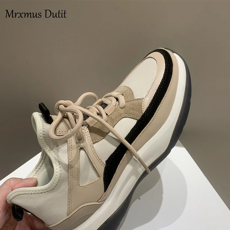 Mrxmus Dutit 2023 Fashion Women New Genuine Leather Patchwork Lacing Sneakers Casual Simple Thick Sole Versatile Shoes Female