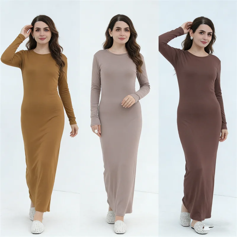 

Мусульманское женское платье с длинным рукавом, однотонное, под абайю, дубайский кафтан, для Ид и Рамадана, исламская одежда, арабская роба, женское мусульманское платье