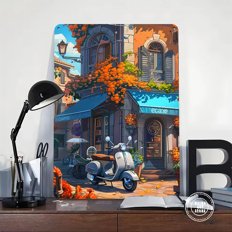 Italian Cafe With Scooter Metal Poster Customized Wall Art Retro Vintage Metal Signs for Man Cave Decor Room Decoration At Home