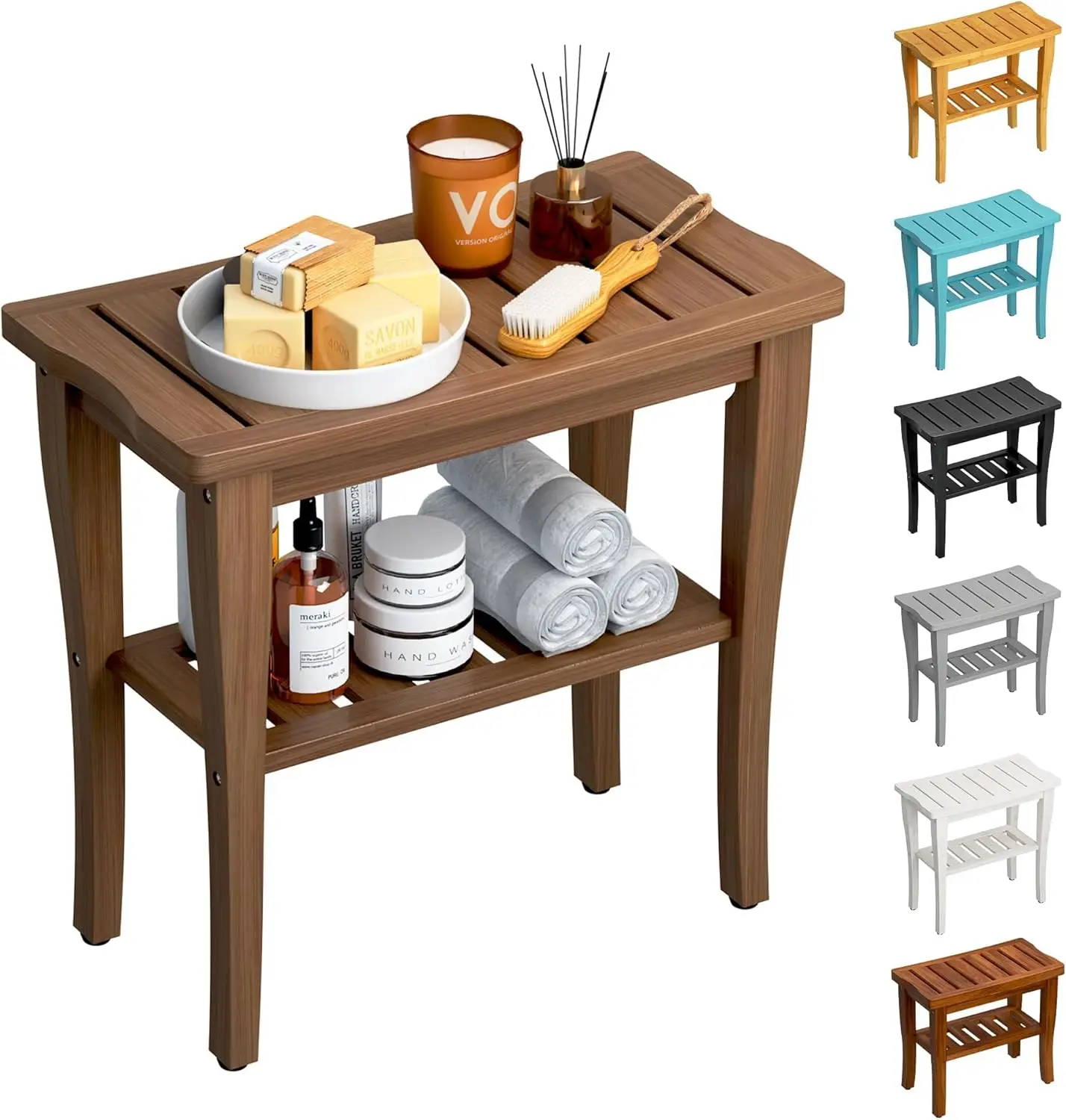 

Waterproof Bamboo Shower Bench with Storage Shelf, Spa Bath Seat for Adults Elderly, Indoor Outdoor Use