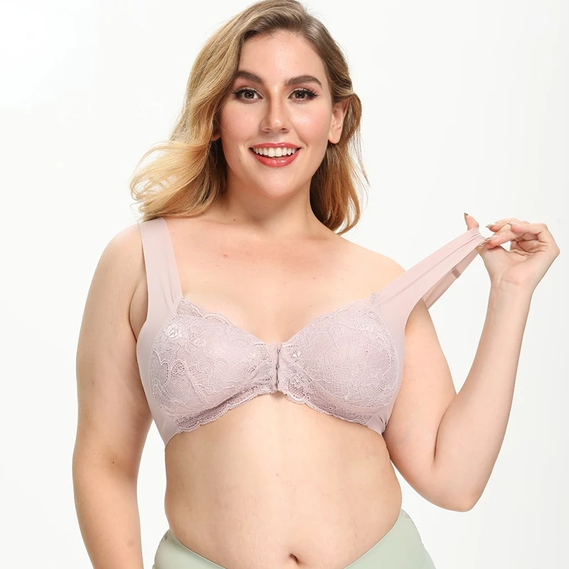 Ropa interior Sexy para mujer, sujetadores de realce, talla grande, Sujetador de encaje sin costuras, cierre frontal, Bralette inalámbrico