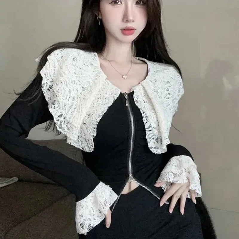 

French Gentle Lace Patchwork Blouse Women Chic Slim Black Zipper Sailor Collar Elegant Tops Fashion Sweet Pretty Style Cardigan