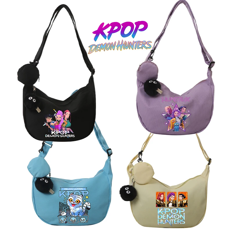 

KPop Demon Hunters Crossbody bag with plush pendant Girls fashion Shoulder Bag Zipper hand bags kids Portable Messenger bag gift