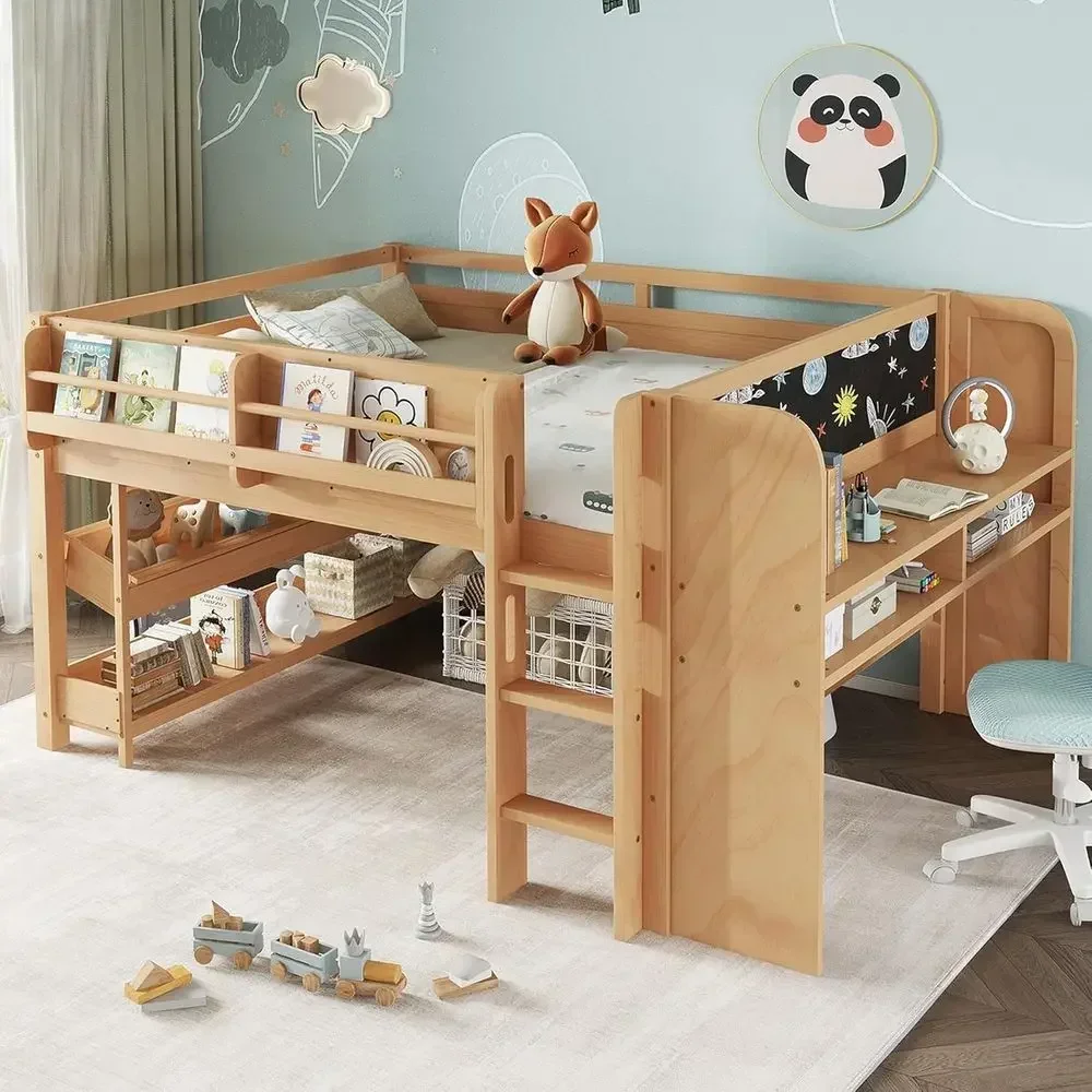 Full Size Wooden Loft Bed with Desk and Bookshelf, Low Loft Bed with Blackboard and Slat Support for Kids, No Box Spring Needed,
