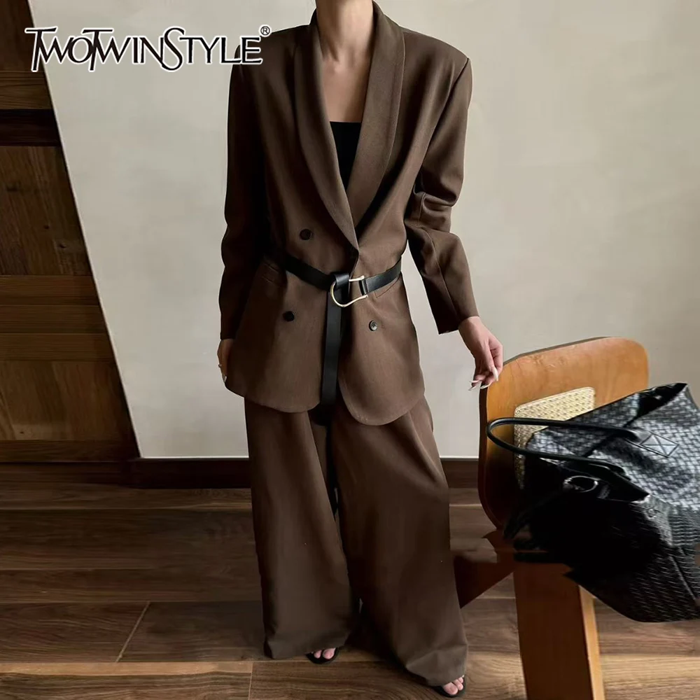 

TWOTWINSTYLE Solid Spliced Sashes Two Piece Set Female Lapel Long Sleeve Jacket Office Lady Basics Women's Trousers Set Fashion