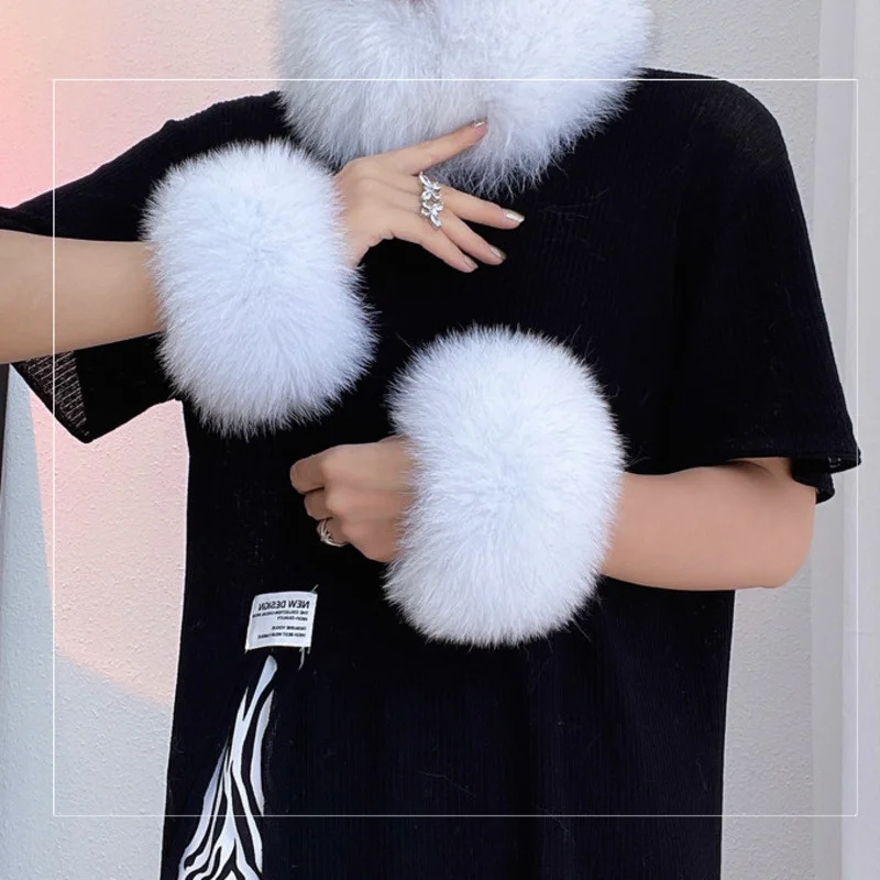 Real Fox Fur Cuffs Natural Fox Fur Sleeves For Women Coat Wrist Sleeve Fur Bracelet Oversleeve Fluffy Fur Cuff Thick Arm Warmer