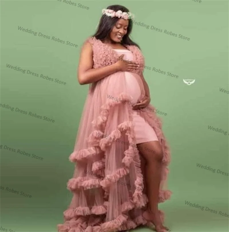 

Dusty Pink Tulle Women Maternity Dresses Photo Shoot Robe Off Shoulder Ruffles Mesh Pregnant Sleepwear Custom Made Prom Dress