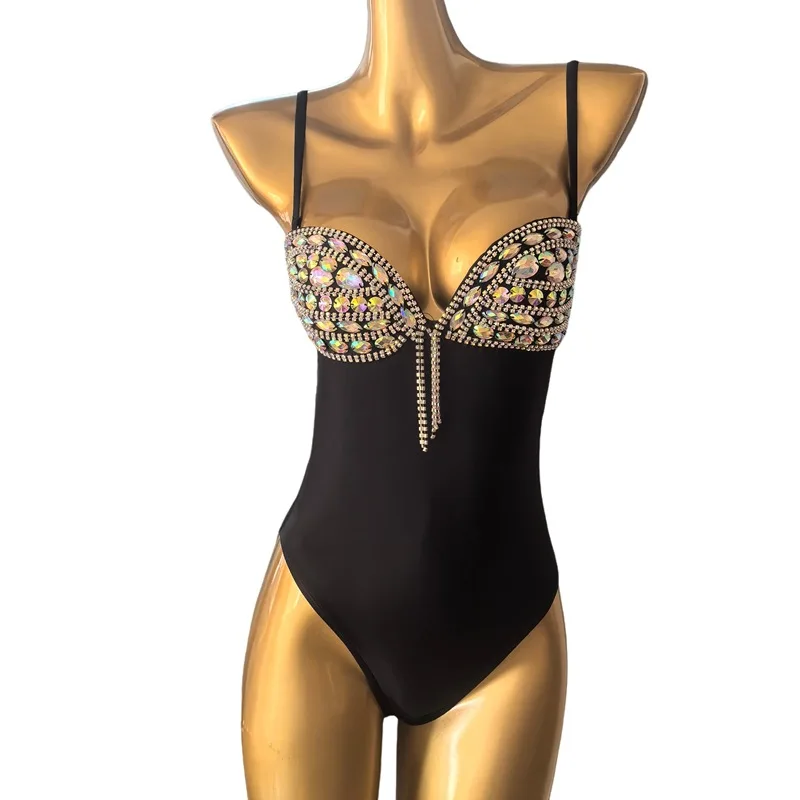 Sexy Women Beach Swimsuit Sparkly Rhinestones One-piece Bodysuit Swimwear Bar Crystal Bikini Vacation Pool Party Bathing Suit