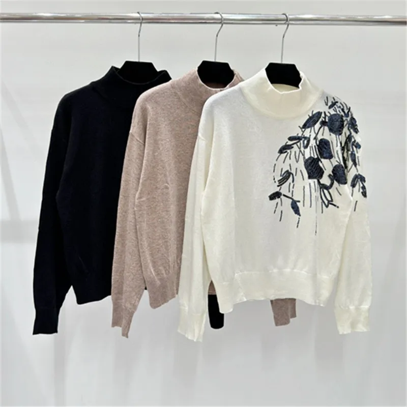 Autumn Women's Sequin Embroidery Sweater Wool Blended Round Neck Long Sleeve Loose Ladies Knitted Pullover