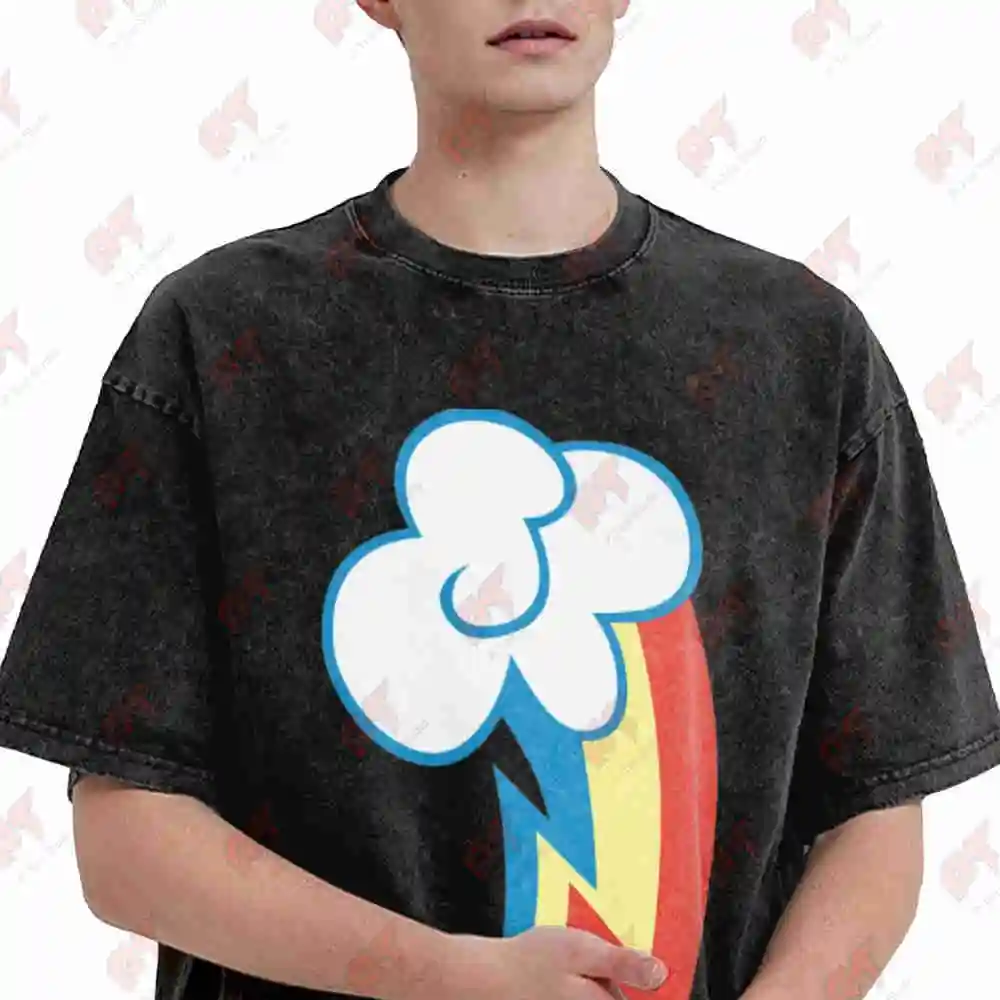 Rainbow Cloud Mane Lightning Bolt Unicorn Vintage Washed Tee Pure Cotton T-Shirt
