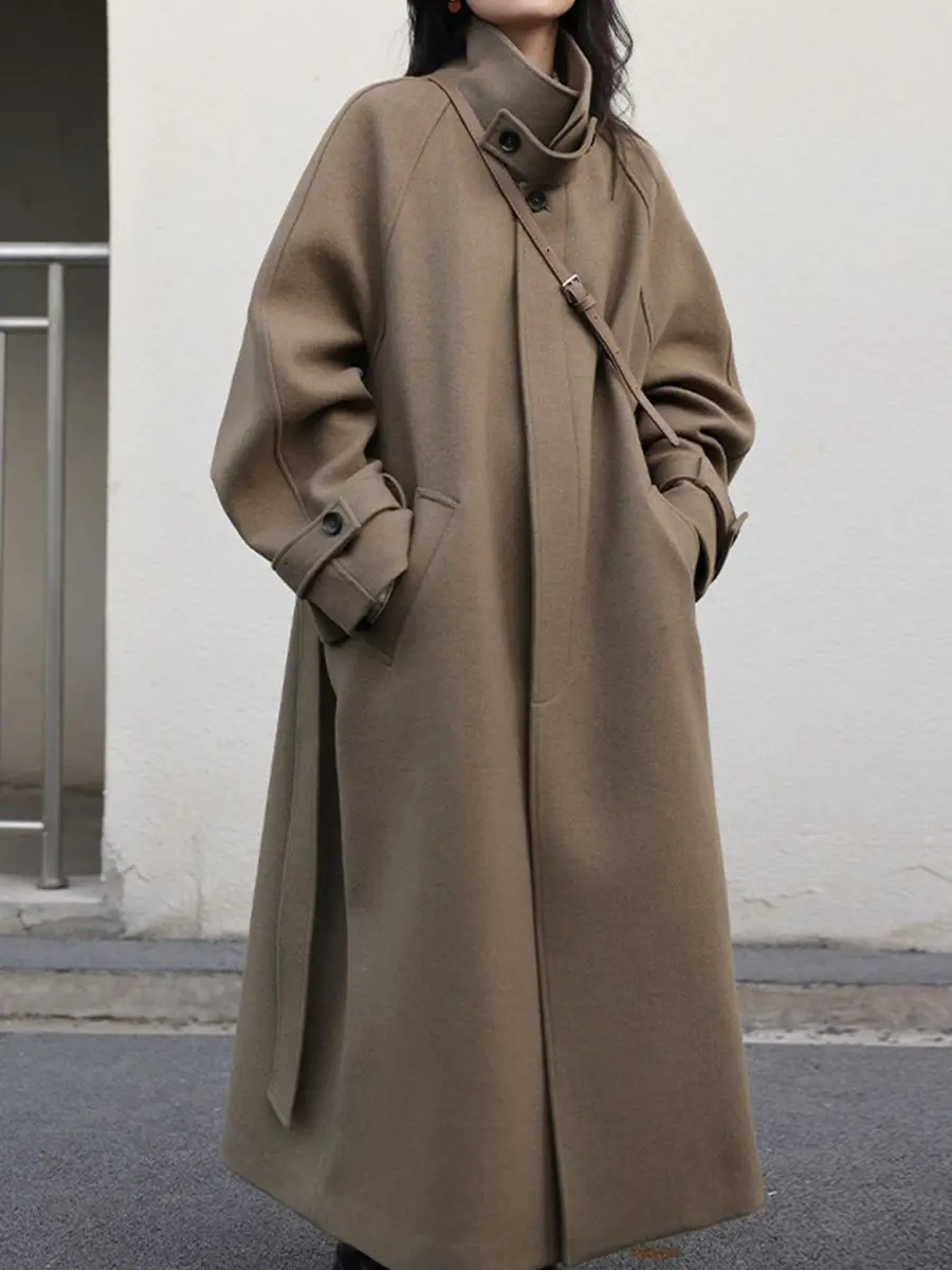 

Women Long Trencn Coat Standing Belt Lace Up Woolen Coat Raglan Sleeves Long Overcoat Office Lady Autumn Winter 2025