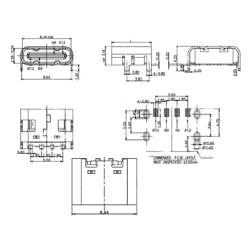 Cltgxdd 5~50 Stück Typ-C 4-Pin USB SMT-Buchsenanschluss USB 3.1 Typ-C Buchse SMD DIP für PCB-Design DIY Hochstrom-Ladeanschluss – Detail 1