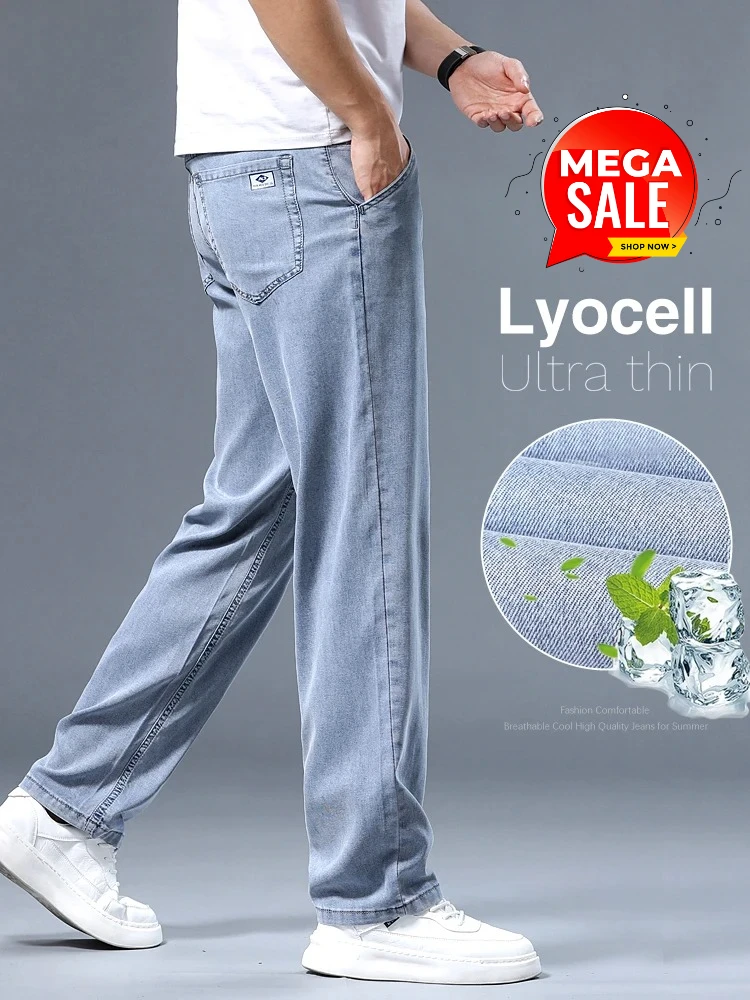 Summer Ultra-thin Men's Jeans Lyocell Soft Breathable Loose Straight Light Blue Denim Pants Business Casual Ice Silk Trousers