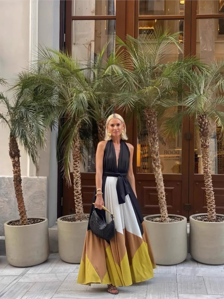 Abito estivo con gonna lunga sexy senza schienale con lacci color block New Fashion Elegnat Casual Boho Dress per le donne Robe Femme