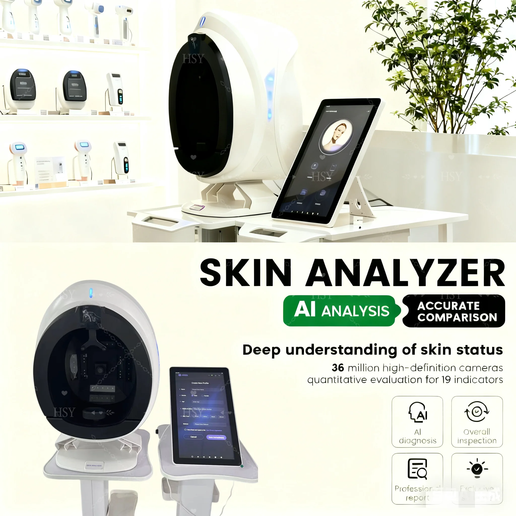 

Профессиональный анализатор кожи AISIA Q1, 15,6-дюймовый 3D-анализатор кожи лица, 9 сканеров анализа кожи светового спектра