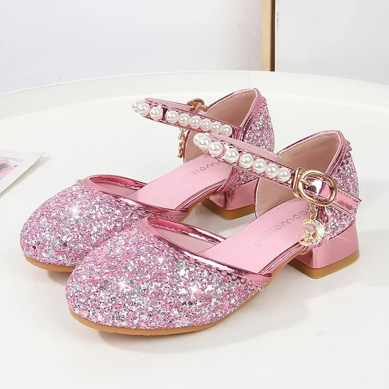 

Children's Sandals Girl Sequins Pearl Girls Princess Wedding High-heels Fashion Elegant Kids Mary Janes Sandals for Party Causal